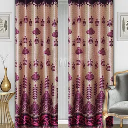 Aura Beige & Purple 2 Pieces Floral Printed Room Darkening Eyelet Door Curtains-image-82