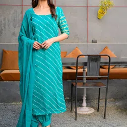 Rangpur Women Green Leheriya Striped Kurta with Salwar & With Dupatta-picture-37