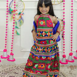 BownBee Girls Embroidered Thread Work Cotton Ready to Wear Lehenga & Blouse With Dupatta-picture-38