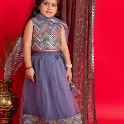 Bella Moda Girls Embellished Mirror Work Ready to Wear Lehenga & Blouse With Dupatta image 1