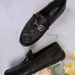 Cobblerz Men Woven Design Leather Loafers-image-73