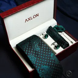 AXLON Men Printed Tie Set With Pocket Square, Cufflink & Flower Pin-picture-19