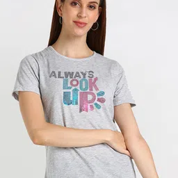 shashvi Women Grey Melange Typography Printed Drop-Shoulder Sleeves T-shirt-image-39
