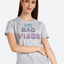 shashvi Women Grey Melange Cotton Typography Printed T-shirt-image-49