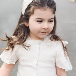 Cherry Crumble Girls Off White Cotton Solid Cold Shoulder Smocked Top-picture-26