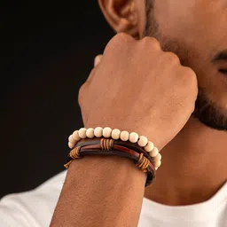 The Roadster Lifestyle Co Men Set Of 2 Brown & Pink Beaded & Alloy Stack Bracelet image 3
