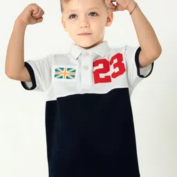 Cherry Crumble Boys Navy Blue & White Colourblocked Polo Collar T-shirt-picture-35