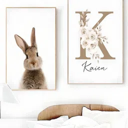 THE HANDMADE FLAIR Off White 2 Pieces Personalized Baby's Name Cute Bunny Poster Wall Arts-image-56