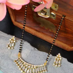 SwaDev Gold-Plated Black & White AD-Studded & Beaded Mangalsutra With Earrings-picture-29