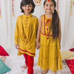pspeaches Boys Mustard Yellow Ethnic Motifs Embroidered Angrakha Pure Cotton Kurti with Trousers-picture-7