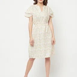 Crimsoune Club Women Beige Floral Printed A-Line Dress-image-73