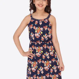 CUTECUMBER Girls Navy Blue & Orange Floral Printed Dress-image-56
