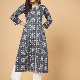 Pistaa Floral Printed Round Neck Three-Quarter Sleeves A-Line Cotton Kurta-picture-29
