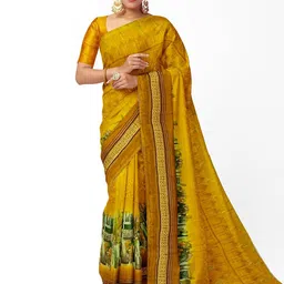 Florence Yellow & Green Floral Pure Georgette Fusion Dharmavaram Saree-image-75