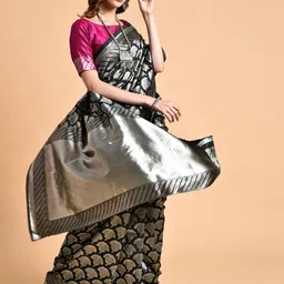 Sangria Black & Silver-Toned Woven Design Zari Silk Blend Banarasi Saree-image-84