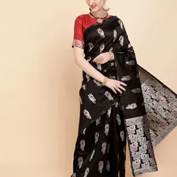 Sangria Black & Silver-Toned Woven Design Zari Silk Blend Banarasi Saree-picture-30