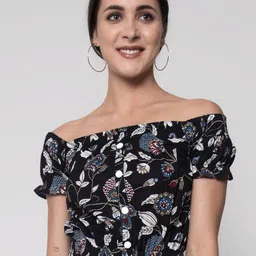 SEVEN FLOWER Floral Print Off-Shoulder Puff Sleeve Cotton Bardot Crop Top-image-17