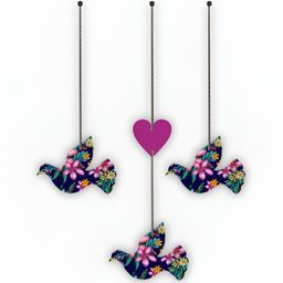 CVANU 3 Pieces Blue & Pink Floral Painted Bird Shape Wooden Wall Hangings-picture-35