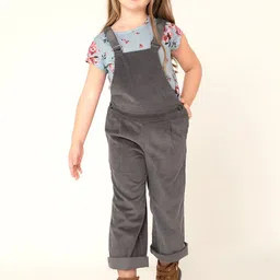 Cherry Crumble Girls Charcoal Grey Solid Flared Fit Cotton Corduroy Dungarees-image-15