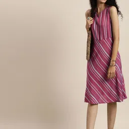 Taavi Pink & Blue Striped Woven Legacy Fit & Flare Sustainable Pure Cotton Dress with Pockets-image-47