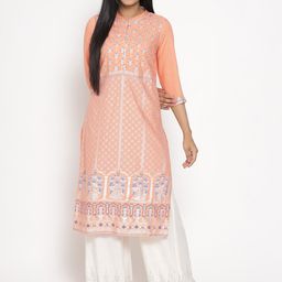 AURELIA Women Peach Ethnic Motifs Print Mandarin Collar Empire Design Kurta-picture-10