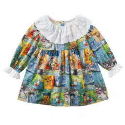 StyleCast Girls Blue & Orange Graphic Printed Ruffled Cotton A-Line Mini Dress-picture-0