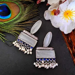 Binnis Wardrobe Silver-Plated Stone-Studded & Beaded Drop Earrings-picture-15