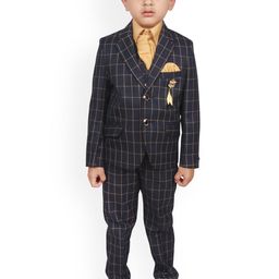 SG YUVRAJ Boys Navy Blue & Gold-Toned Checked Single-Breasted Suit-picture-42