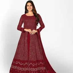 Divine International Trading Co Embroidered Sequined Semi-Stitched Dress Material-image-15