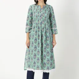 Saffron Threads Women Ethnic Motifs Printed Keyhole Neck Flared Sleeves Thread Work Indie Prints Kurta-picture-31