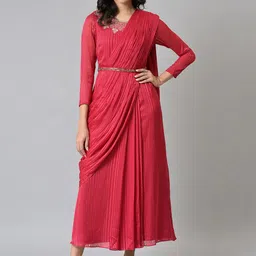 WISHFUL Red Striped Satin Ethnic Maxi Maxi Dress-picture-13