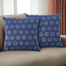 Peepul Tree Blue & Green 2 Pieces Floral Embroidered Cotton Square Cushion Covers-image-29