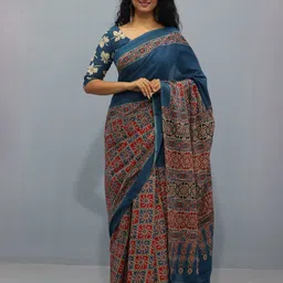 JALTHER Ajrak Block Cotton Block Print Saree-image-75