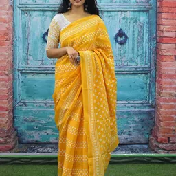 JALTHER Geometric Printed Pure Cotton Block Print Saree-picture-34