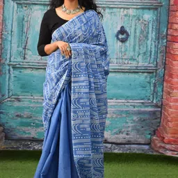 KIAARON Geometric Printed Pure Cotton Half And Half Block Print Saree-picture-36