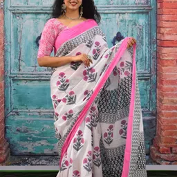 KIAARON Floral Printed Pure Cotton Block Print Saree-image-20