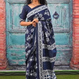 KIAARON Ethnic Motifs Printed Pure Cotton Block Print Saree-picture-16