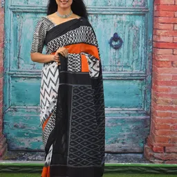 KIAARON Geometric Printed Pure Cotton Block Print Saree-picture-34