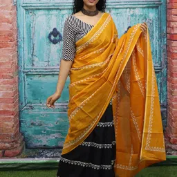 KIAARON Ethnic Motifs Printed Pure Cotton Block Print Saree-image-7