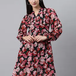 plusS Women Black & Pink Floral Print A-Line Dress-image-42