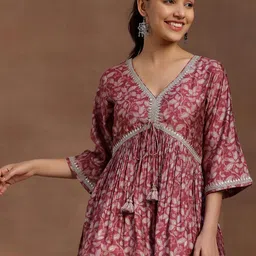 Libas Floral Printed V-Neck Flared Sleeves Pleated Kurti-picture-30