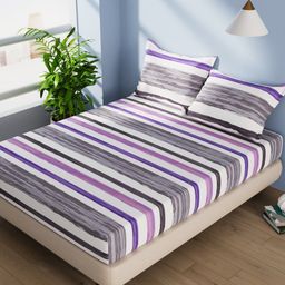 BIANCA Grey & White Striped Cotton 144 TC Queen Bedsheet with 2 Pillow Covers-picture-48