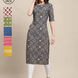 1 Stop Fashion Women Pack of 6 Yellow & Grey Geometric Printed Crepe Kurtas-image-95