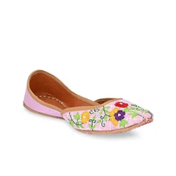 Sringam Women Pink Embroidered & Embellished Leather Ethnic Mojaris Flats-image-32