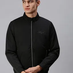 SHOWOFF Men Black Geometric Bomber with Patchwork Jacket image 1