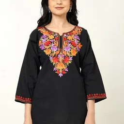 CRAFTBAZAR Floral Embroidered Notched Pure Cotton Straight Kurti-picture-33