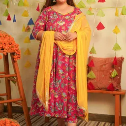 NANGALIA RUCHIRA Plus Size Ethnic Motifs Printed Pure Cotton Kurta With Trousers & Dupatta-picture-17