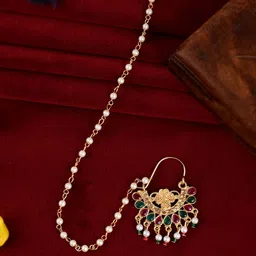 Silvermerc Designs Gold-Toned Green & Red Stones-Studded & Pearl Beaded Nose Ring-picture-42