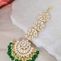 Crunchy Fashion Women White & Green Gold-Plated Kundan-Studded Pearl Beaded Maang Tikka-picture-31