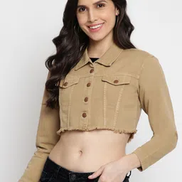 TALES & STORIES Women Khaki Crop Denim Jacket image 1